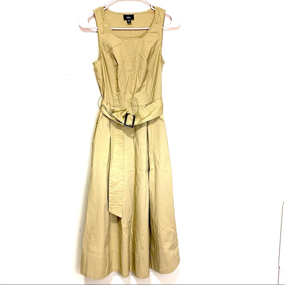 Belted midi fit & flare dress with side pockets and zip closure Khaki Sand Color